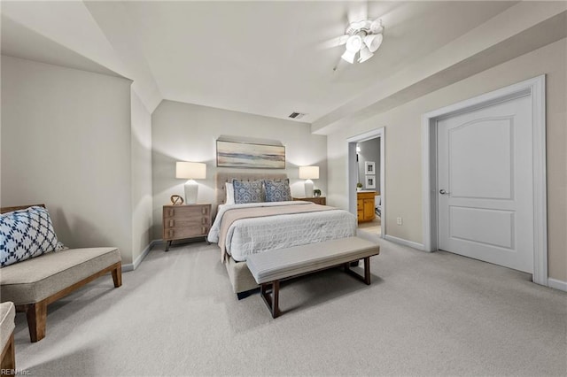 bedroom featuring ceiling fan and light colored carpet