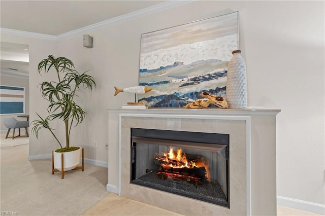 details with a premium fireplace, carpet floors, and crown molding