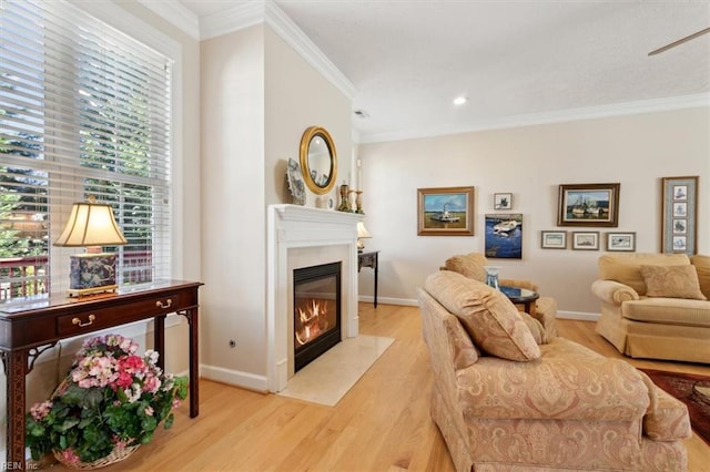 living room featuring light hardwood / wood-style floors and crown molding