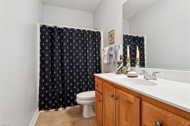 bathroom featuring toilet, tile patterned flooring, curtained shower, and vanity