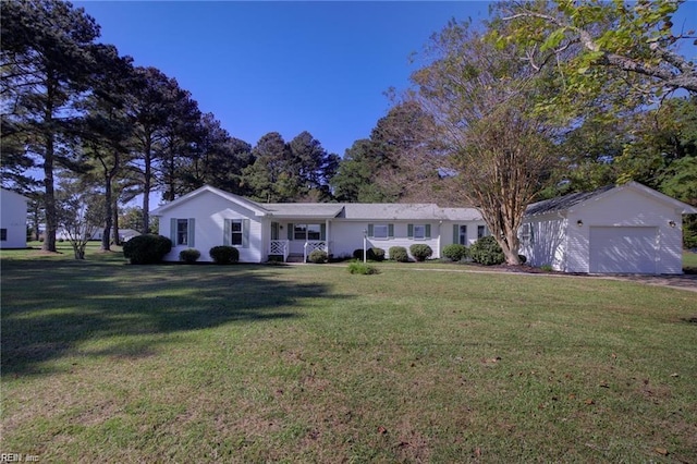 ranch-style home with a porch, a garage, and a front yard