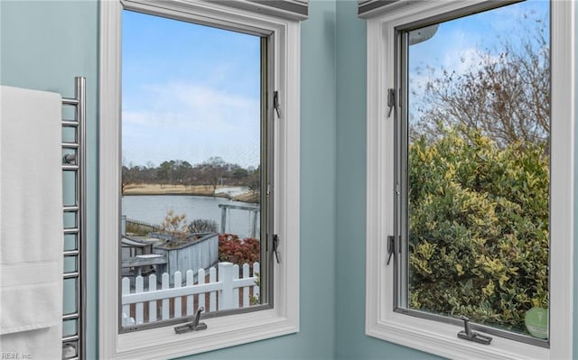 entryway featuring plenty of natural light and a water view