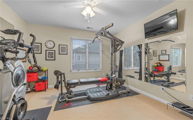 workout room with ceiling fan