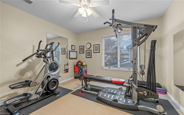 workout area with ceiling fan