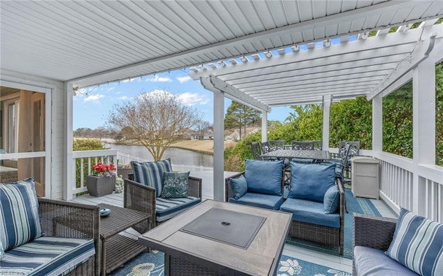 view of patio with an outdoor living space and a pergola