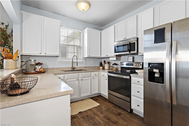 kitchen with white cabinetry, stainless steel appliances, dark hardwood / wood-style flooring, and sink