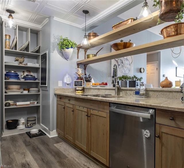 interior space with a sink, hanging light fixtures, stainless steel dishwasher, dark wood-style floors, and an ornate ceiling