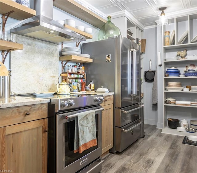 kitchen with open shelves, an ornate ceiling, island exhaust hood, and high end range