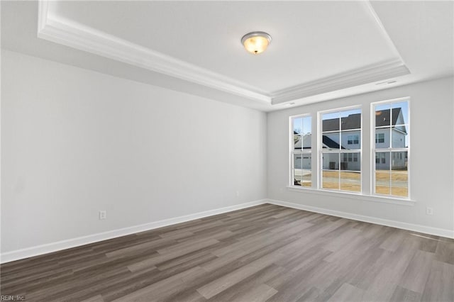 spare room with a raised ceiling and hardwood / wood-style flooring