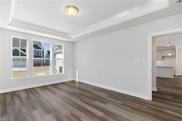 empty room with crown molding, a tray ceiling, and dark wood-type flooring