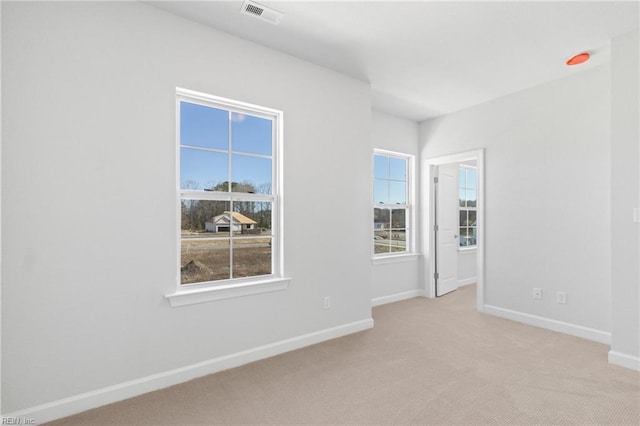 spare room with a wealth of natural light and light colored carpet