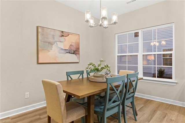 dining room with an inviting chandelier and light wood-type flooring