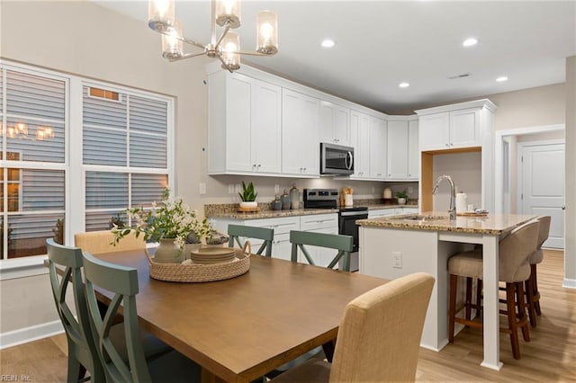 kitchen featuring appliances with stainless steel finishes, white cabinetry, sink, hanging light fixtures, and a center island with sink