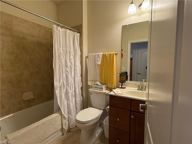 full bathroom with tile patterned floors, toilet, shower / tub combo, and vanity