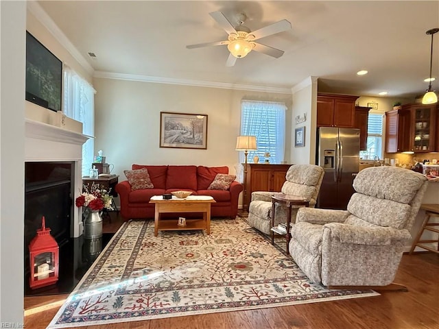 living room featuring ceiling fan, ornamental molding, wood-type flooring, and sink