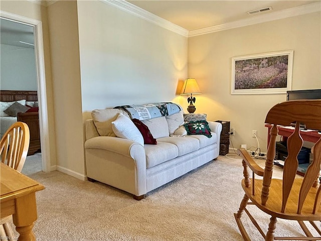 living room featuring crown molding and light colored carpet