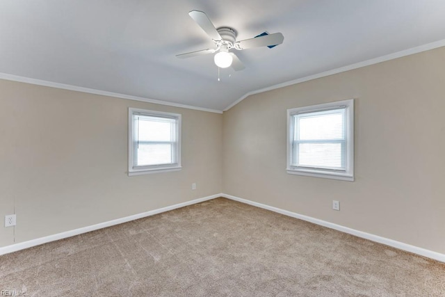 empty room featuring ornamental molding, a healthy amount of sunlight, and light colored carpet