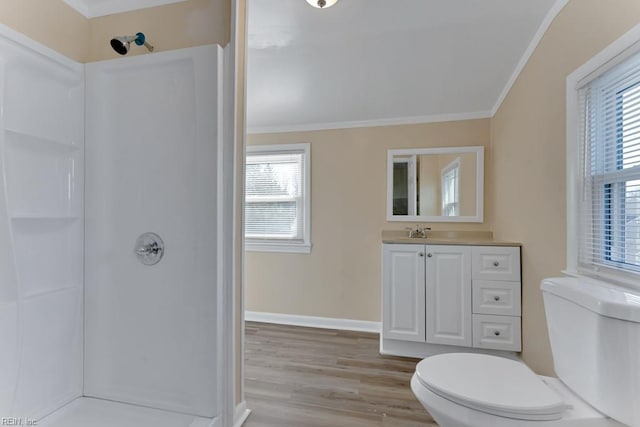 bathroom featuring vanity, wood-type flooring, ornamental molding, and a healthy amount of sunlight