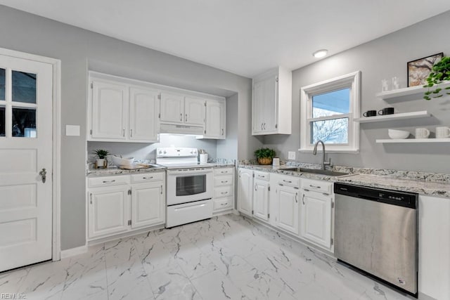 kitchen featuring stainless steel dishwasher, white electric range oven, and white cabinets