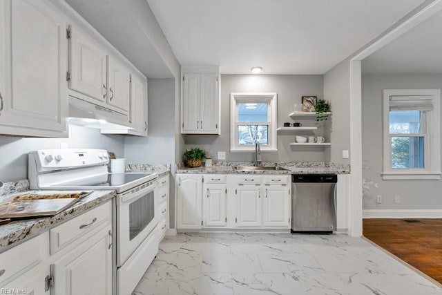 kitchen featuring sink, stainless steel dishwasher, white range with electric cooktop, light stone countertops, and white cabinets