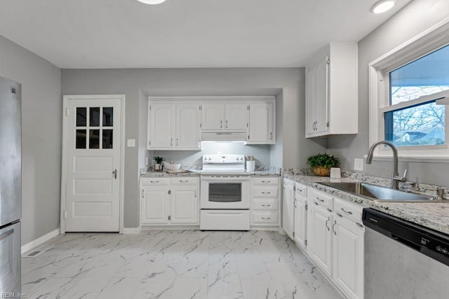 kitchen featuring sink, white range with electric cooktop, white cabinetry, light stone countertops, and stainless steel dishwasher