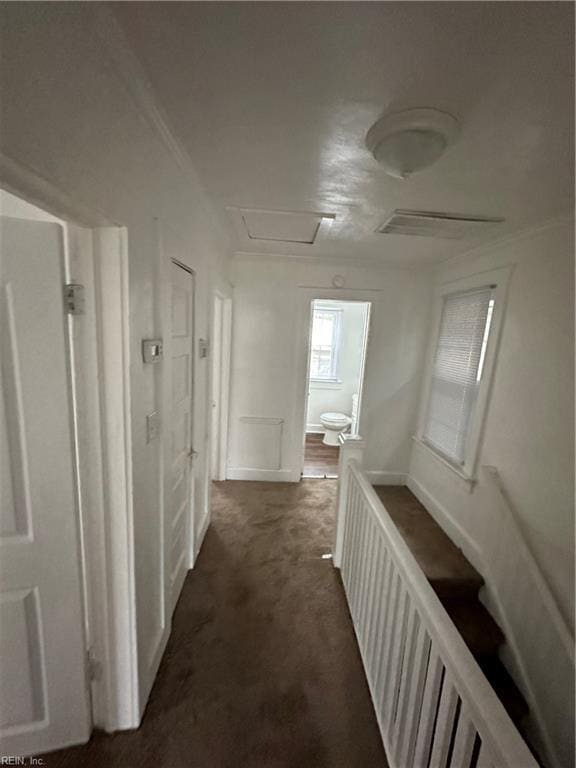 corridor with crown molding and dark colored carpet