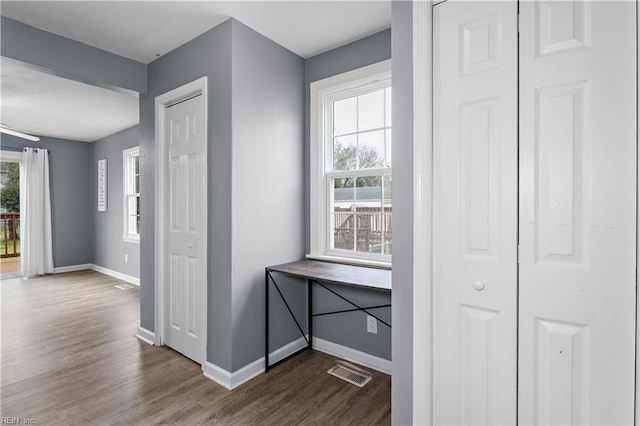 hallway with dark wood-type flooring and a healthy amount of sunlight