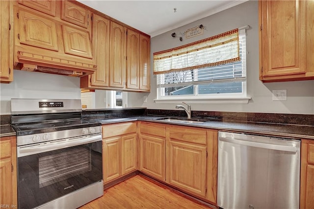 kitchen with sink, light wood-type flooring, ornamental molding, and appliances with stainless steel finishes