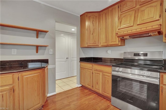 kitchen with ornamental molding, electric range, and light hardwood / wood-style flooring