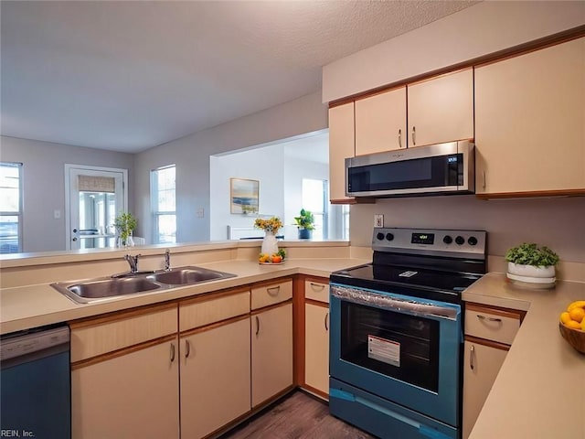 kitchen with dark hardwood / wood-style flooring, sink, a healthy amount of sunlight, and appliances with stainless steel finishes