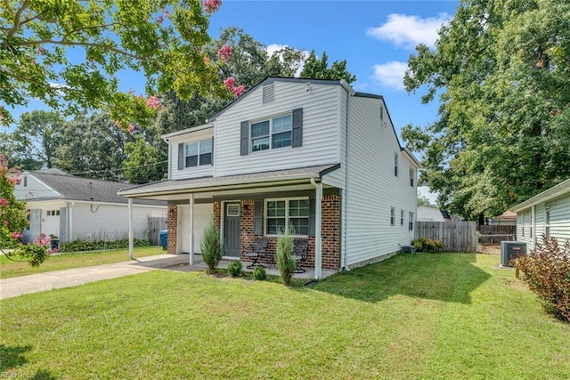 view of front facade featuring central AC, a porch, a garage, and a front lawn