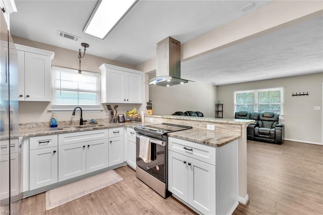 kitchen featuring stainless steel electric stove, sink, white cabinets, island exhaust hood, and kitchen peninsula