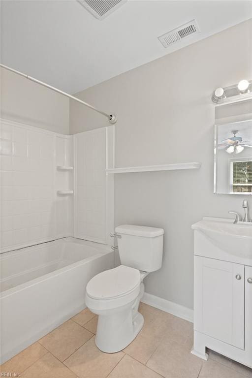 full bathroom featuring toilet, shower / bathing tub combination, vanity, ceiling fan, and tile patterned flooring