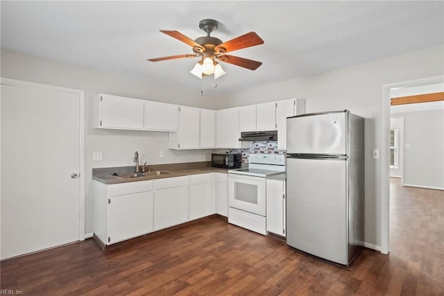 kitchen featuring sink, white electric range, stainless steel fridge, white cabinetry, and dark hardwood / wood-style floors