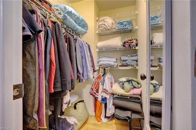 walk in closet with wood-type flooring