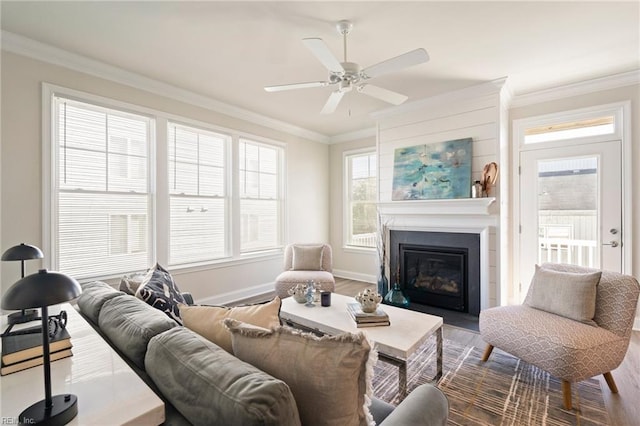 living room with hardwood / wood-style floors, crown molding, and ceiling fan