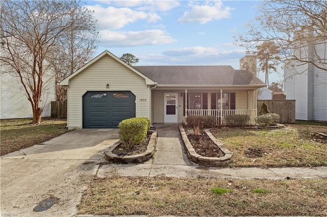 single story home with a garage and a porch