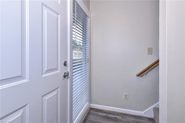 doorway with dark hardwood / wood-style flooring