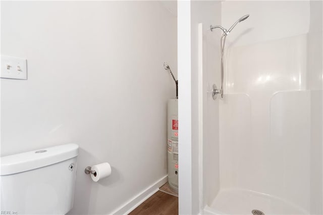 bathroom with walk in shower, wood-type flooring, toilet, and water heater