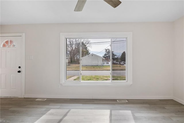 foyer entrance featuring a wealth of natural light, ceiling fan, and light hardwood / wood-style flooring