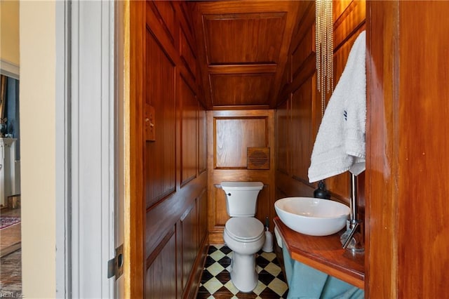 bathroom with sink, wood walls, and toilet