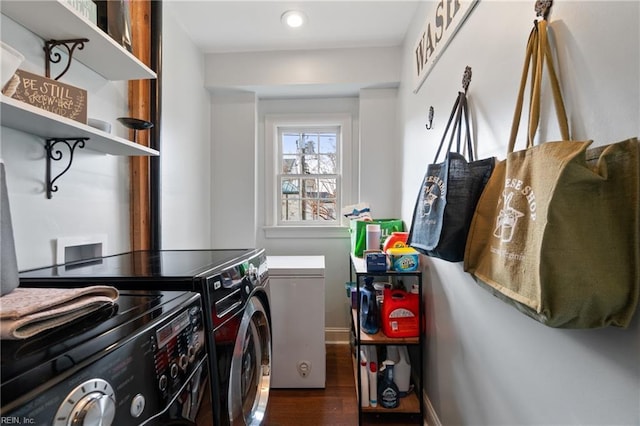 clothes washing area featuring dark wood-type flooring and independent washer and dryer