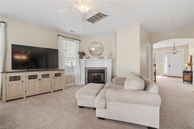 2608 River Watch Dr, Suffolk, VA 23434 - living room featuring ceiling fan and light carpet