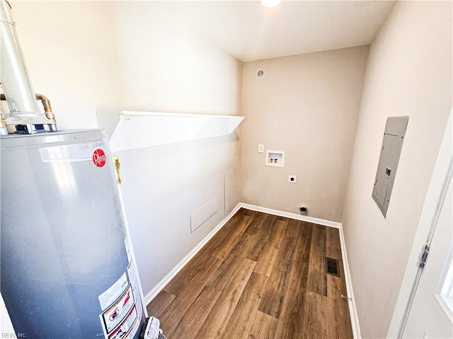 clothes washing area featuring hookup for a washing machine, gas water heater, hookup for an electric dryer, and hardwood / wood-style floors