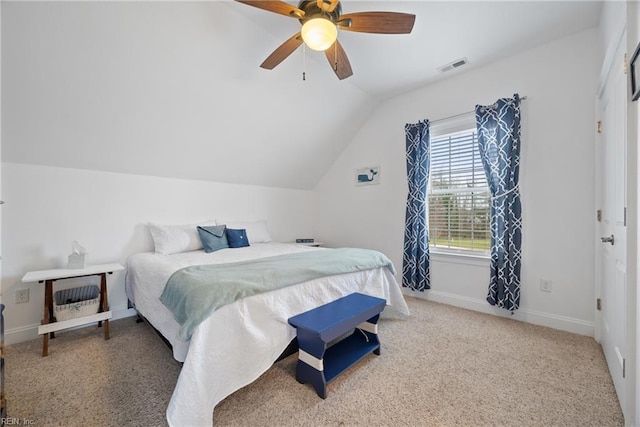 carpeted bedroom featuring ceiling fan and lofted ceiling