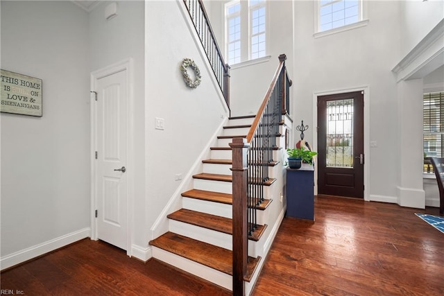 entrance foyer featuring dark hardwood / wood-style flooring and a high ceiling