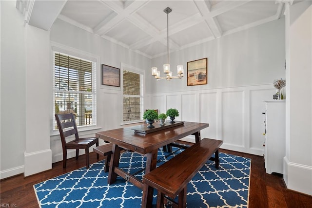 dining space featuring dark hardwood / wood-style floors, coffered ceiling, a chandelier, and beam ceiling