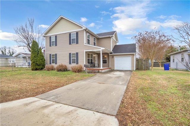 view of property featuring a porch, a garage, and a front lawn