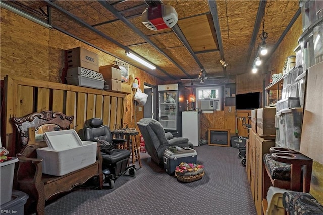 interior space with carpet floors and a fireplace