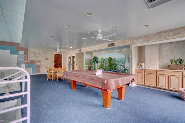 game room featuring ceiling fan, pool table, and dark carpet